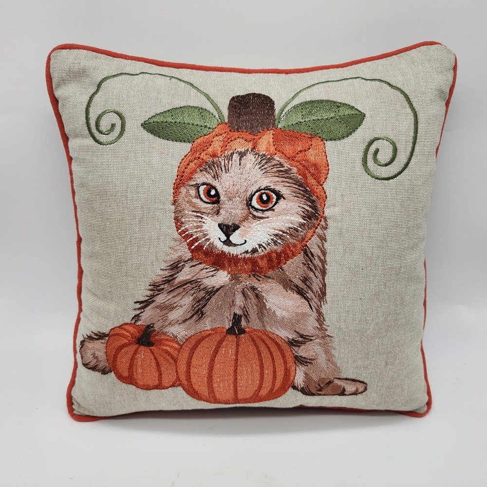 Pier 1 Cat Pumpkin Throw Fall Pillow 12x12 Embroidered Whimsical Cottagecore